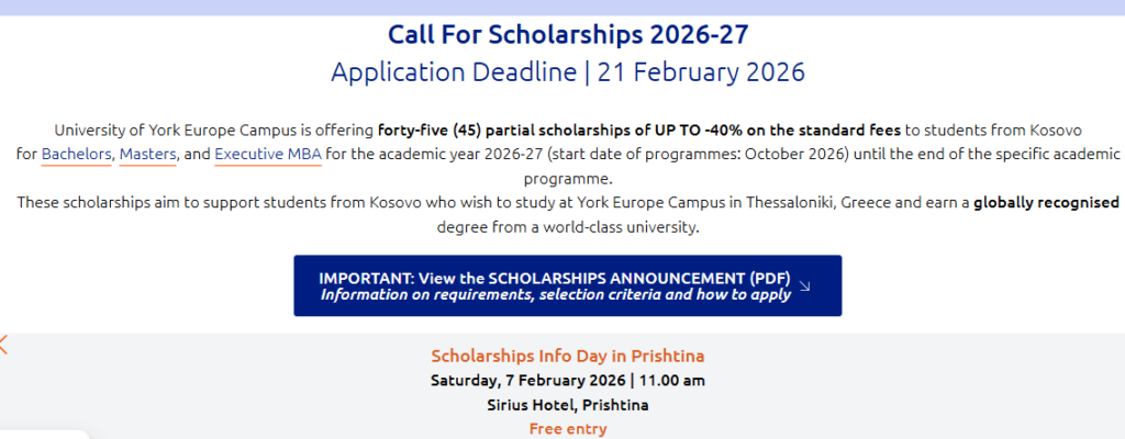 Universiteti i York (Europe Campus) shpall thirrje për bursa për vitin akademik 2026–2027 3 university