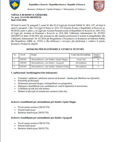 Kjo komunë shpall 10 vende të lira pune për mësimdhënës/e 4 11 1