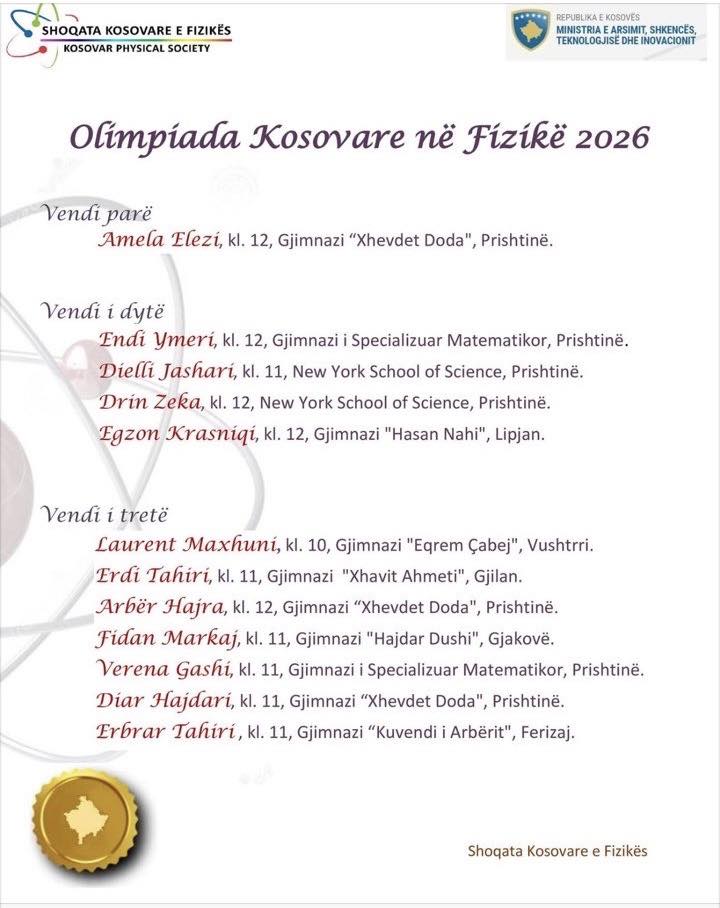 Nxënësit e Gjimnazit "Xhevdet Doda" dominojnë Olimpiadën Kosovare të Fizikës 2
